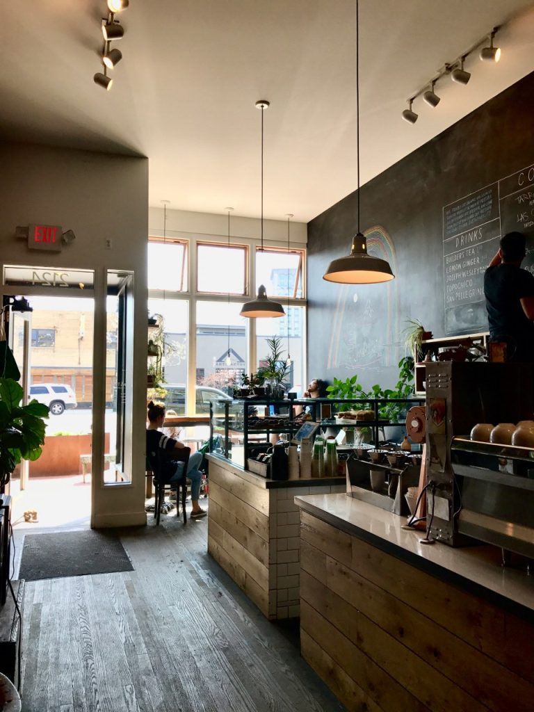 Sunlit café interior with minimalist decor